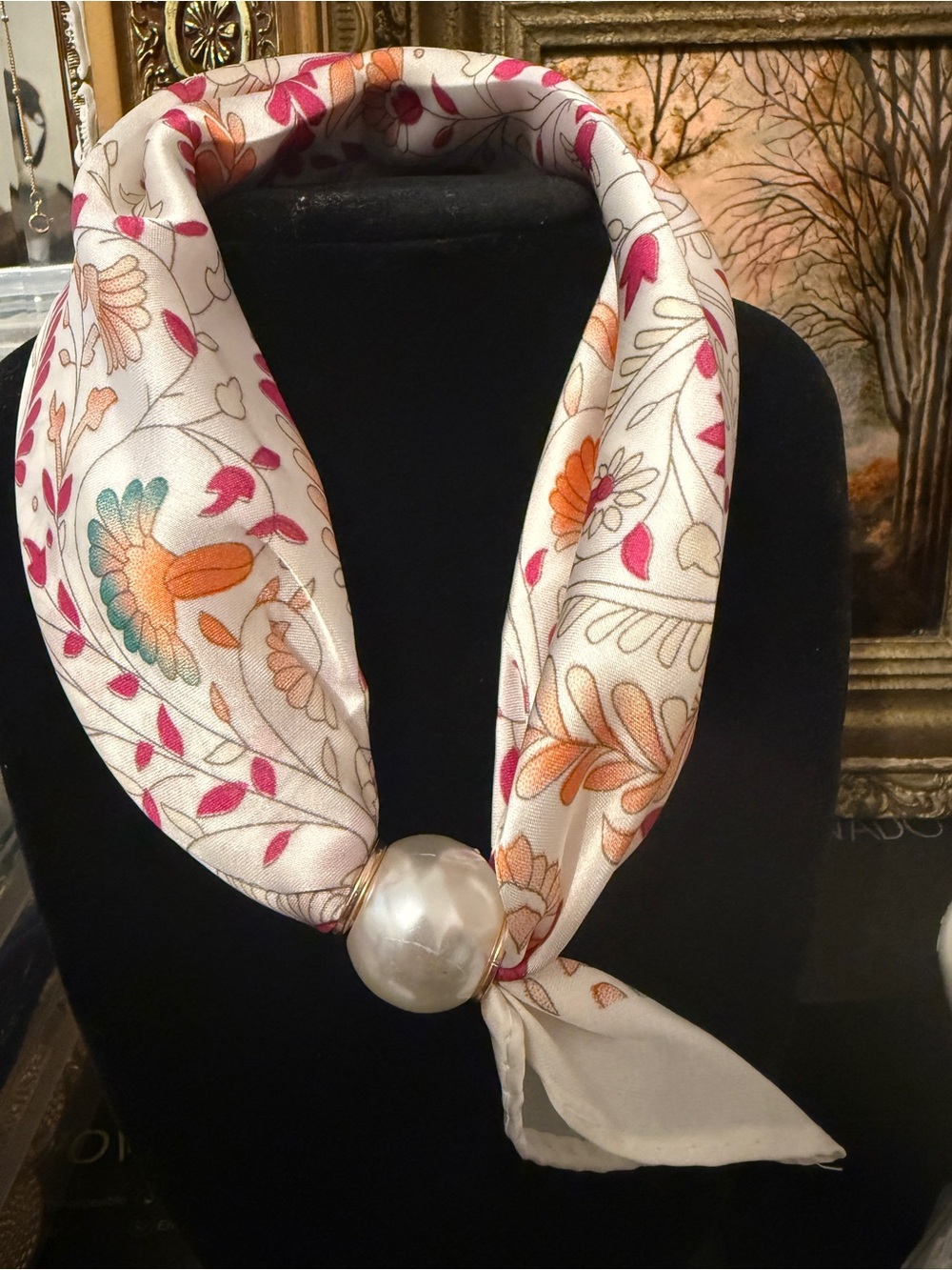 Floral Satin Scarf Necklace with Pearl Accent - Cream, Pink & Orange